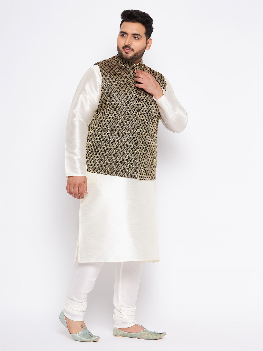 Men's Plus Size Black Ethnic Jacket With Cream Silk Blend Kurta And Pyjama Set