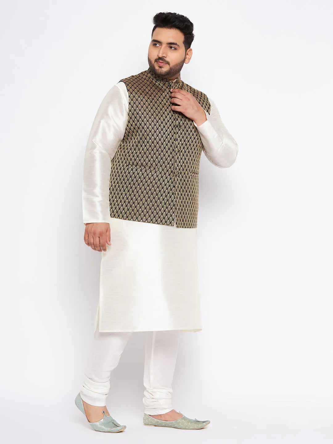 Men's Plus Size Black Ethnic Jacket With Cream Silk Blend Kurta And Pyjama Set