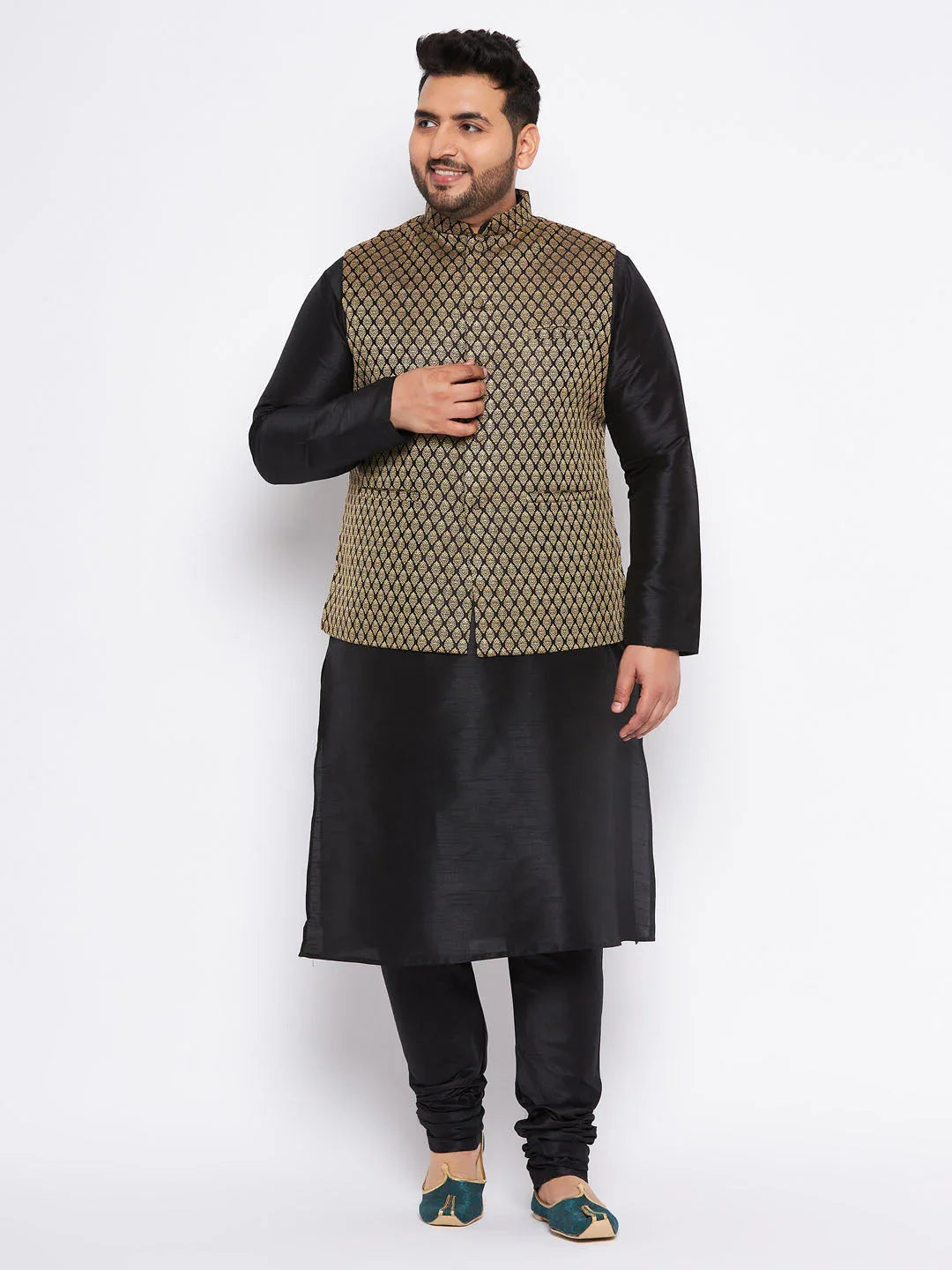 Men's Plus Size Black Ethnic Jacket With Black Silk Blend Kurta And Pyjama Set