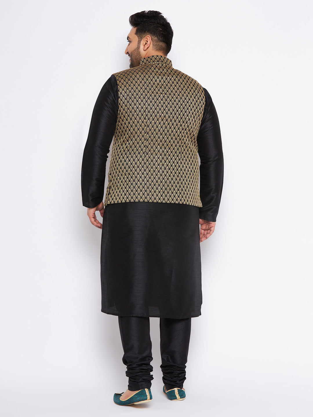 Men's Plus Size Black Ethnic Jacket With Black Silk Blend Kurta And Pyjama Set