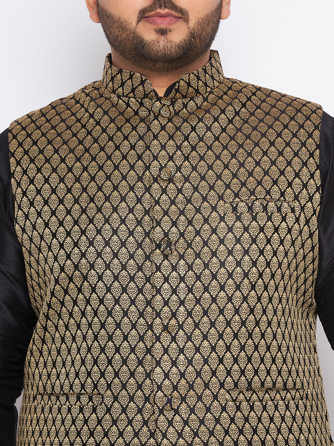 Men's Plus Size Black Ethnic Jacket With Black Silk Blend Kurta And Pyjama Set