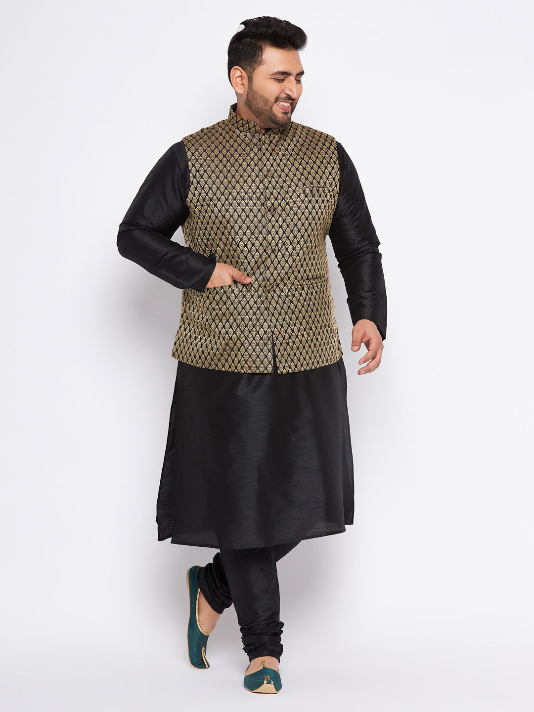 Men's Plus Size Black Ethnic Jacket With Black Silk Blend Kurta And Pyjama Set