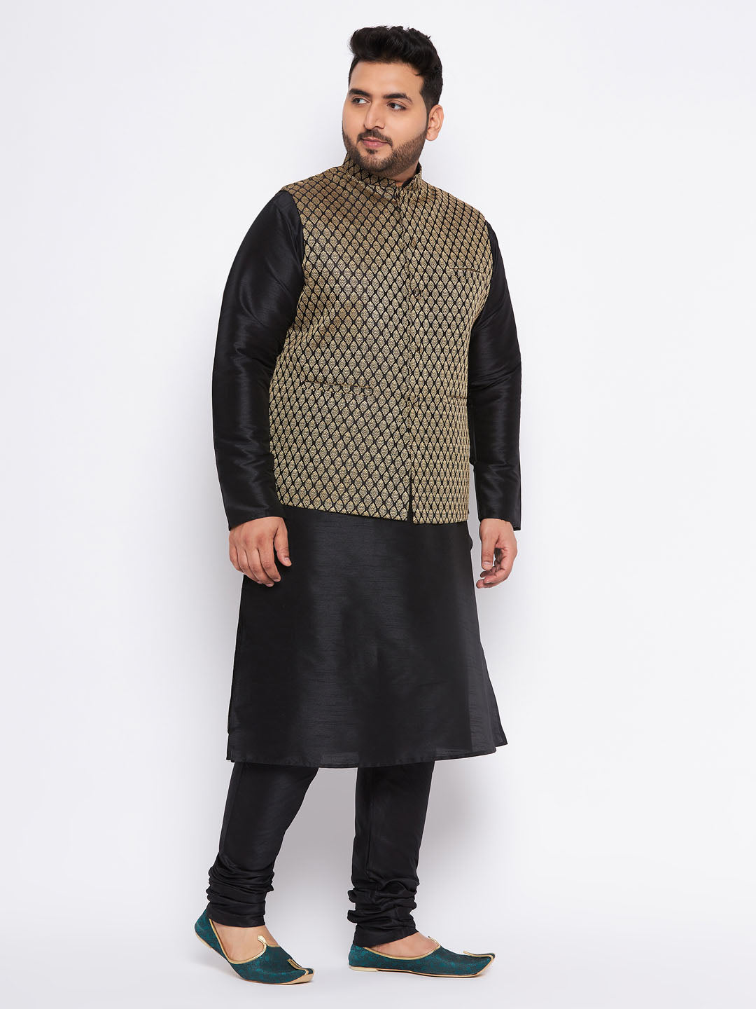 Men's Plus Size Black Ethnic Jacket With Black Silk Blend Kurta And Pyjama Set