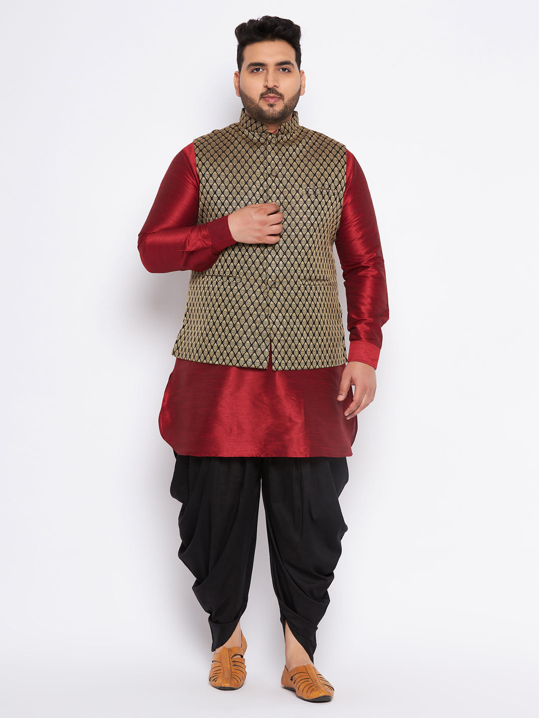 Men's Plus Size Black Ethnic Jacket With Maroon Silk Blend Kurta And Black Dhoti Set