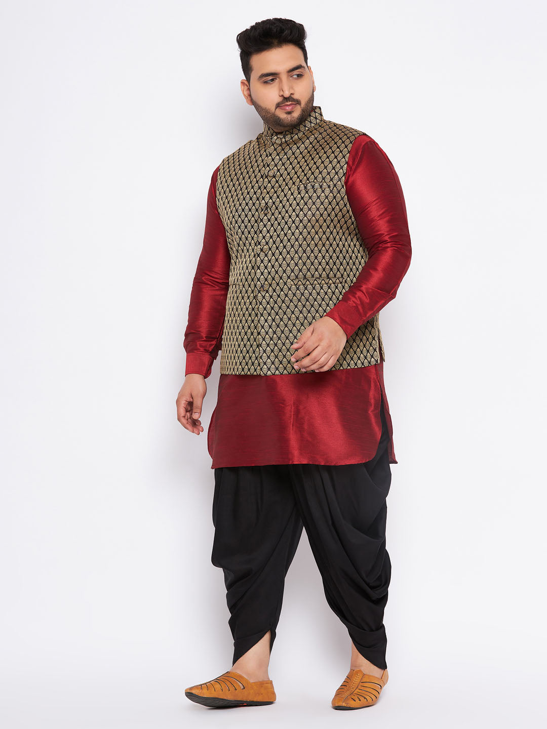Men's Plus Size Black Ethnic Jacket With Maroon Silk Blend Kurta And Black Dhoti Set