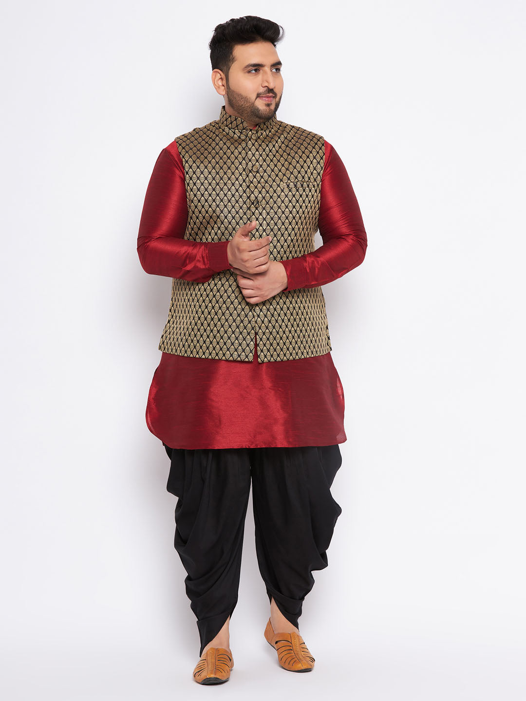 Men's Plus Size Black Ethnic Jacket With Maroon Silk Blend Kurta And Black Dhoti Set