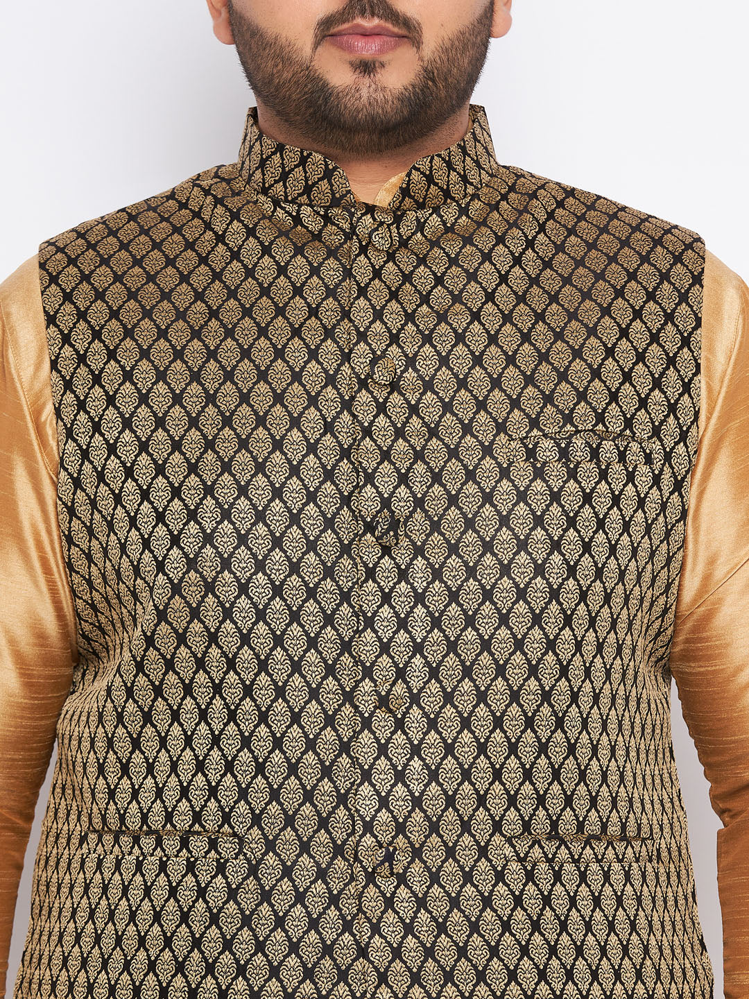 Men's Plus Size Black Ethnic Jacket With Rose Gold Silk Blend Kurta And Maroon Dhoti Set