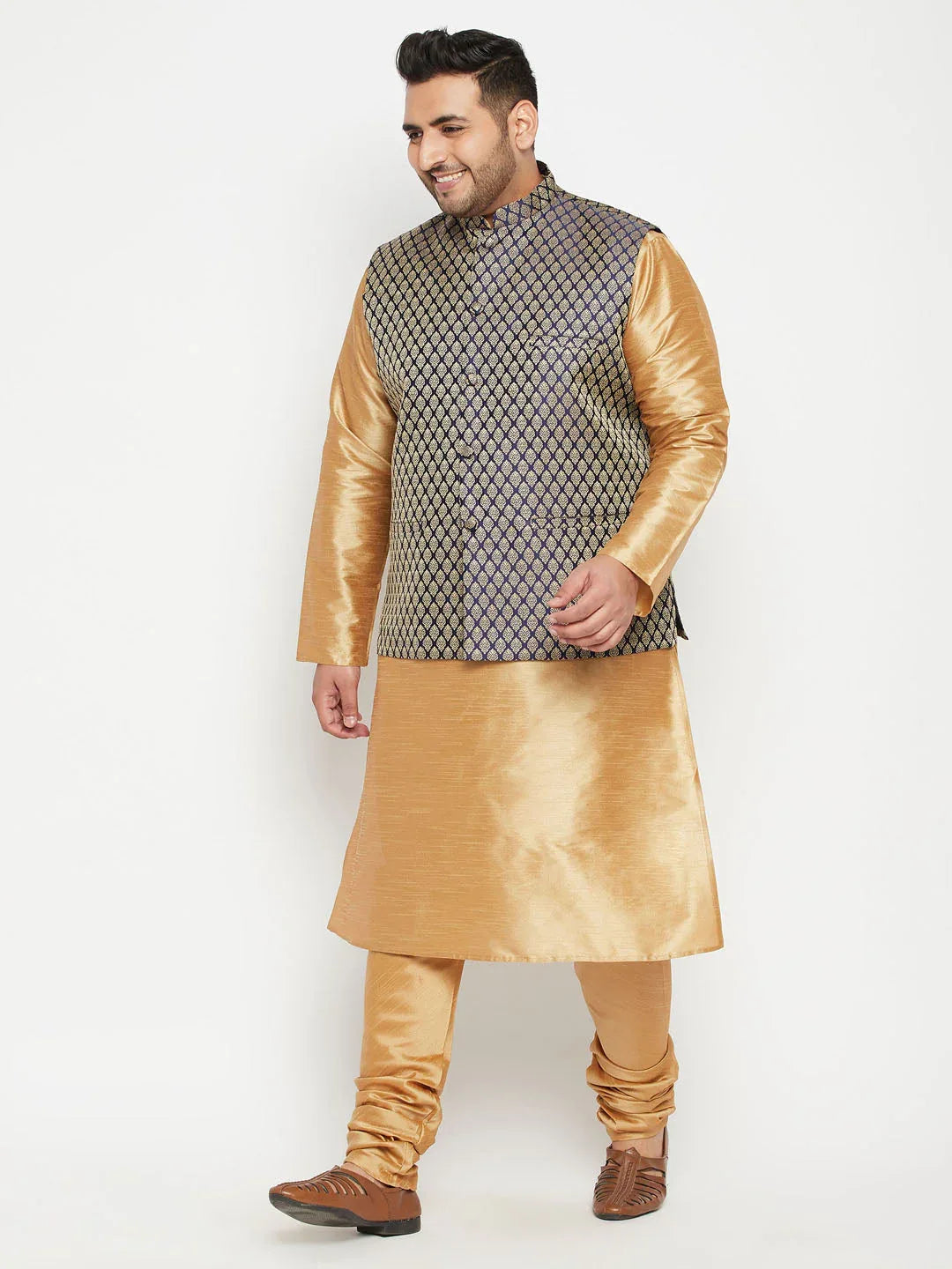 Men's Plus Size Blue Woven Nehru Jacket