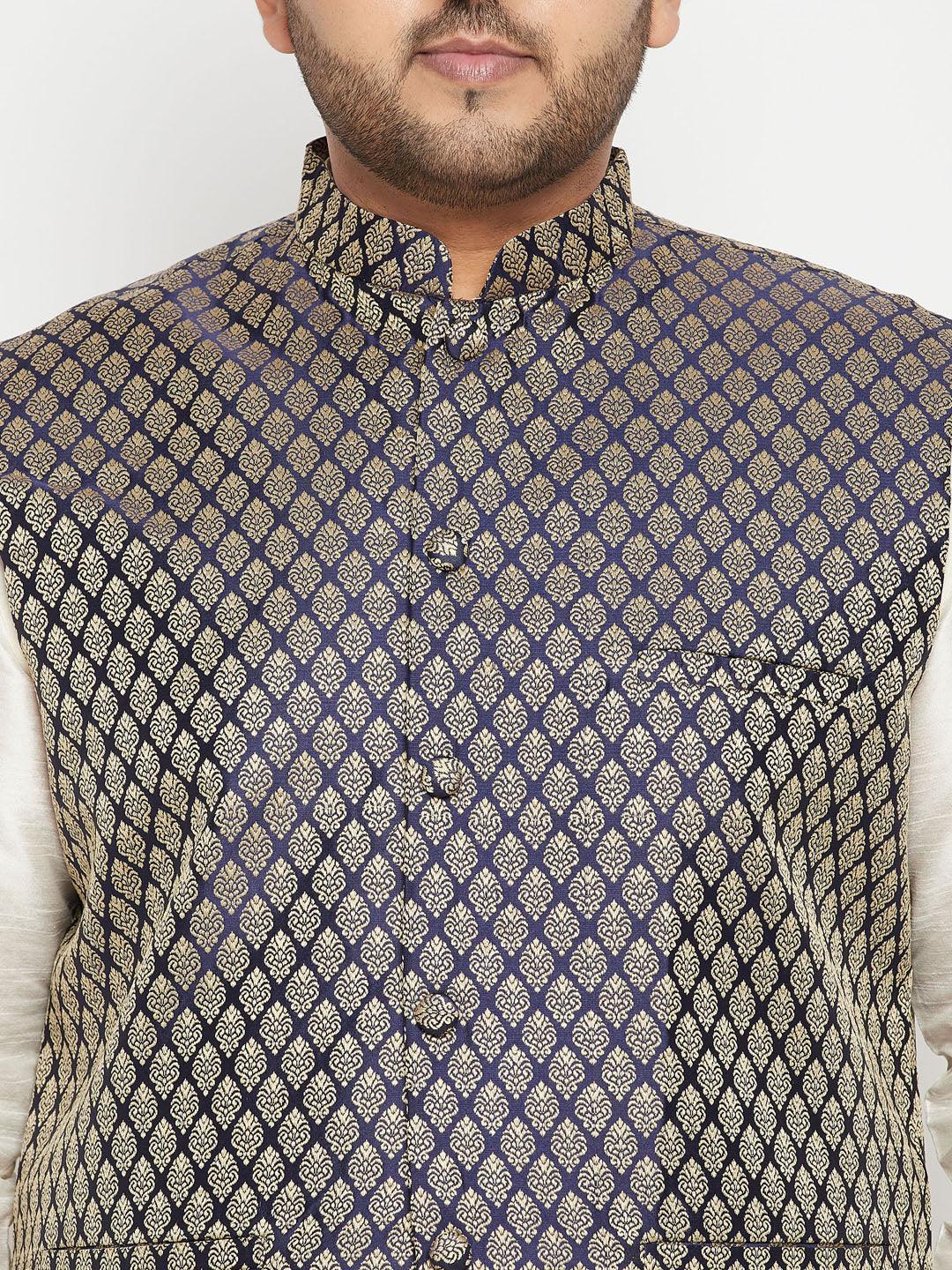Men's Plus Size Cream And Navy Blue Silk Blend Jacket Kurta Pyjama Set