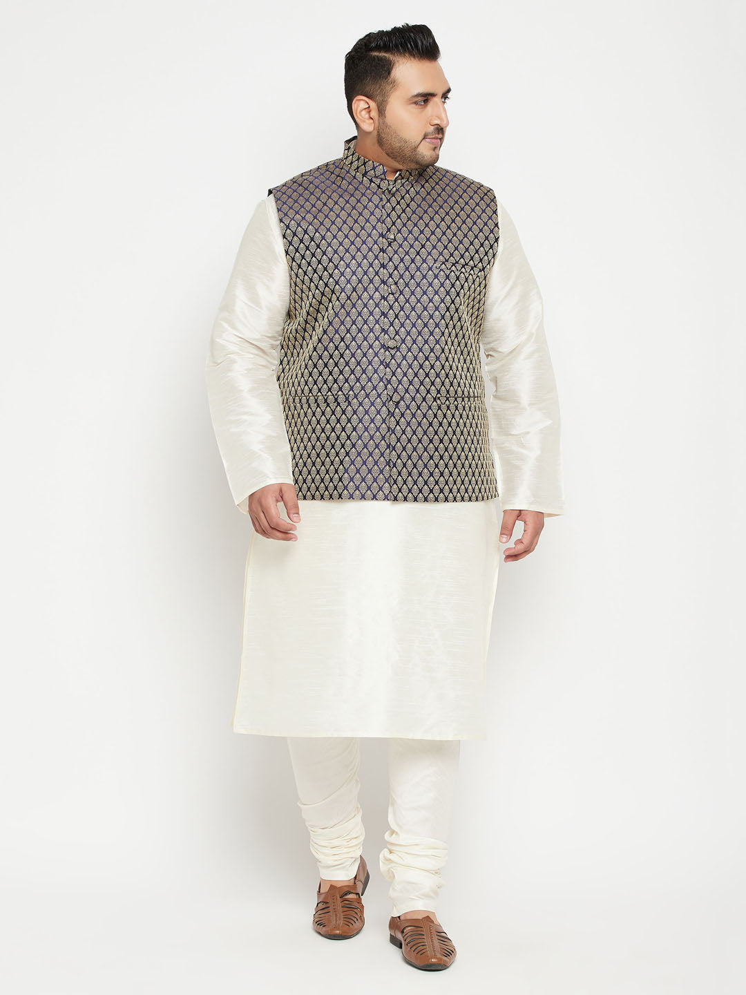 Men's Plus Size Cream And Navy Blue Silk Blend Jacket Kurta Pyjama Set
