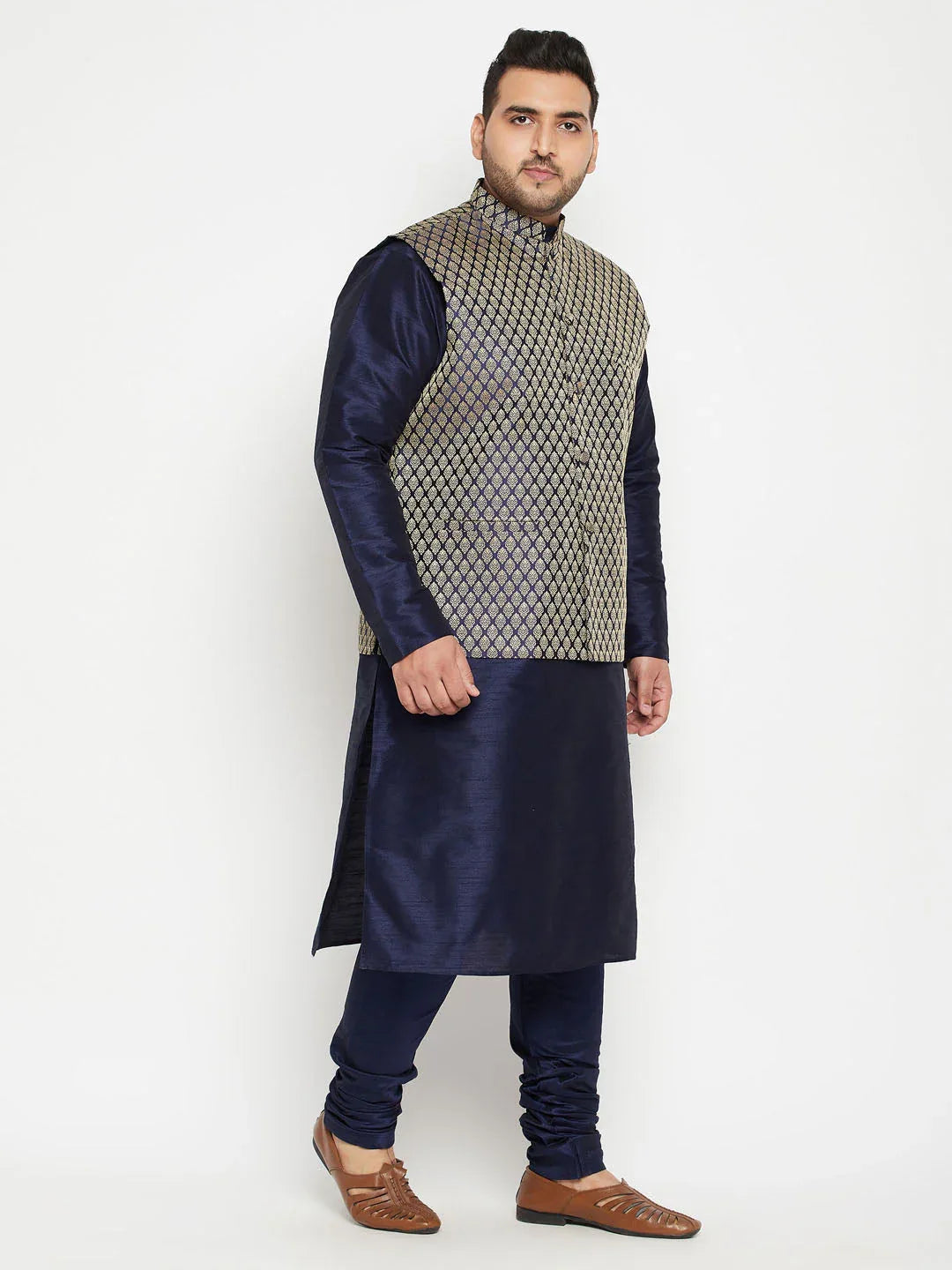 Men's Plus Size Navy Blue Woven Silk Blend Jacket Kurta Pyjama Set