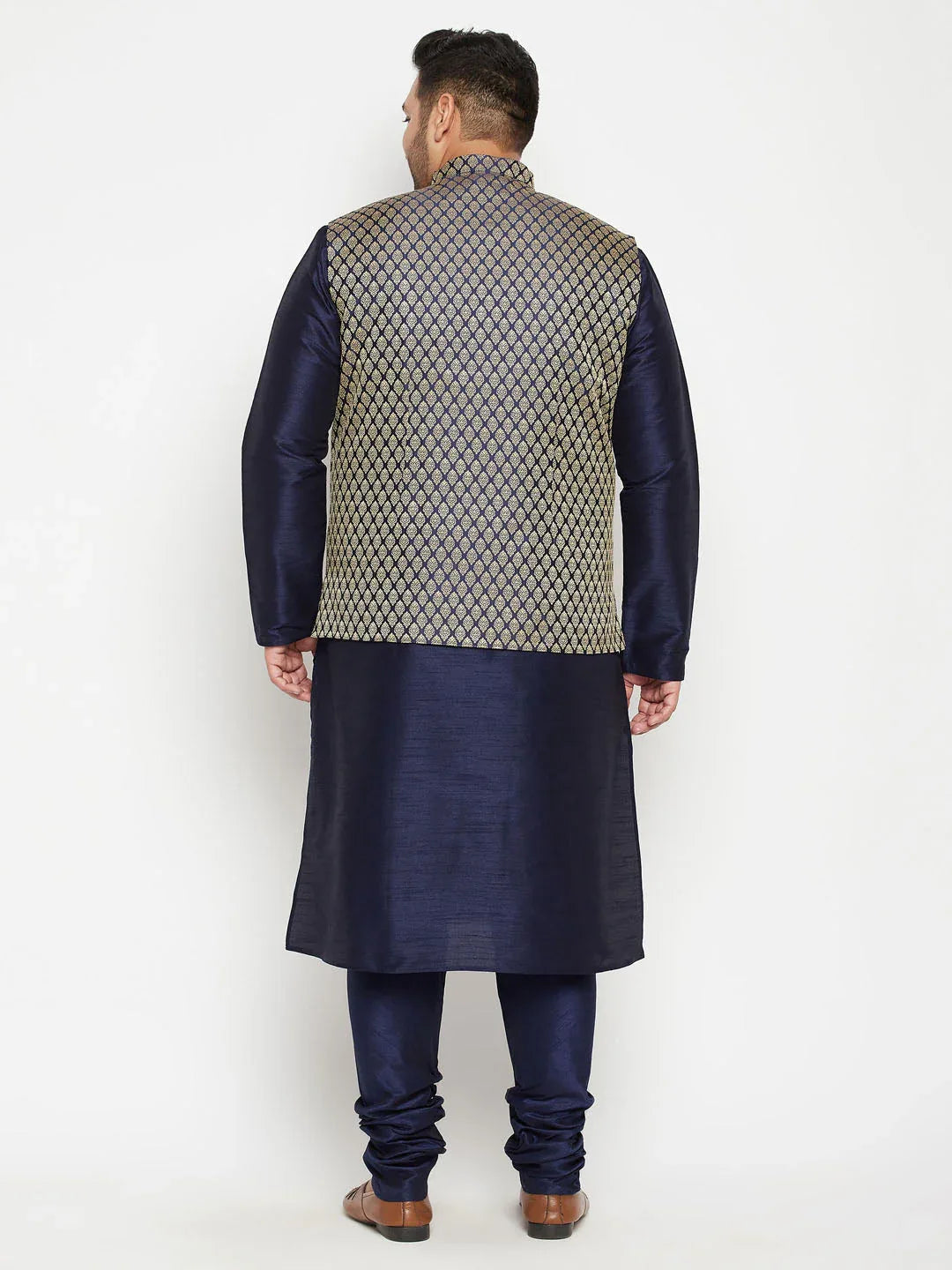 Men's Plus Size Navy Blue Woven Silk Blend Jacket Kurta Pyjama Set