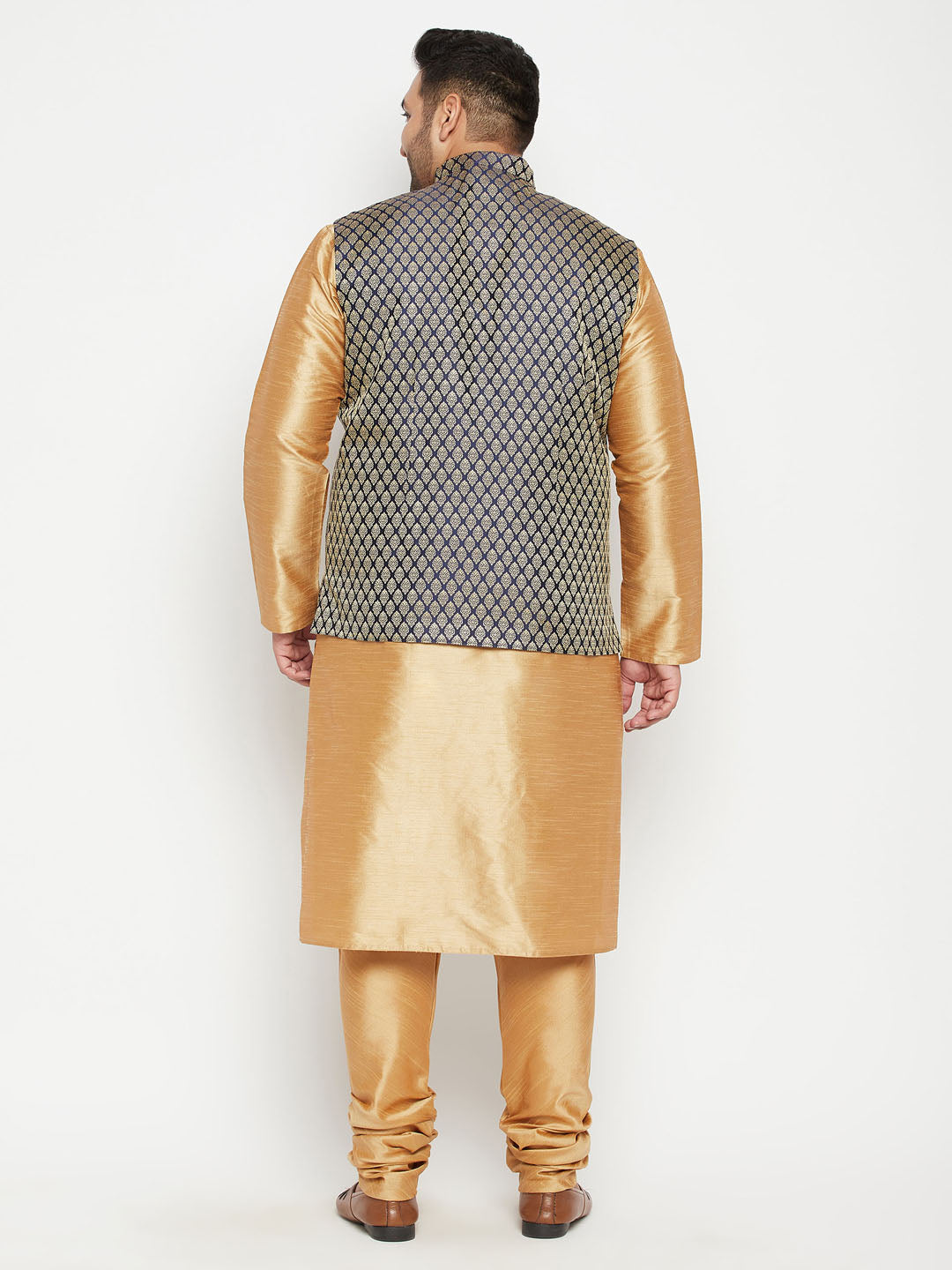 Men's Plus Size Rose Gold And Blue Woven Silk Blend Jacket Kurta Pyjama Set