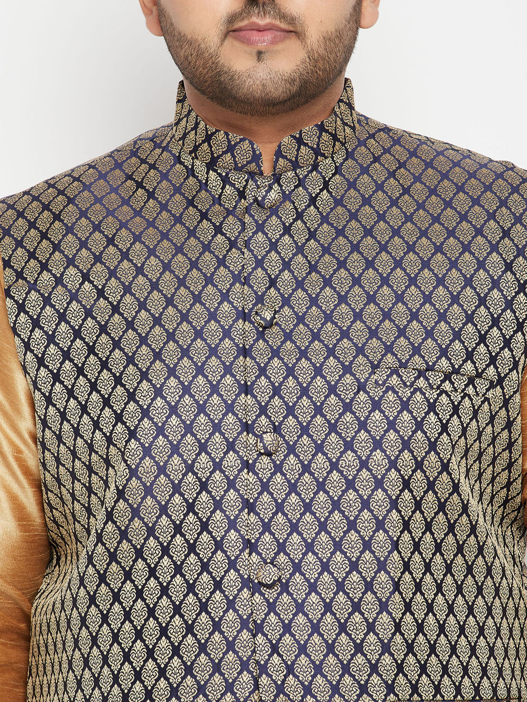 Men's Plus Size Rose Gold And Blue Woven Silk Blend Jacket Kurta Pyjama Set