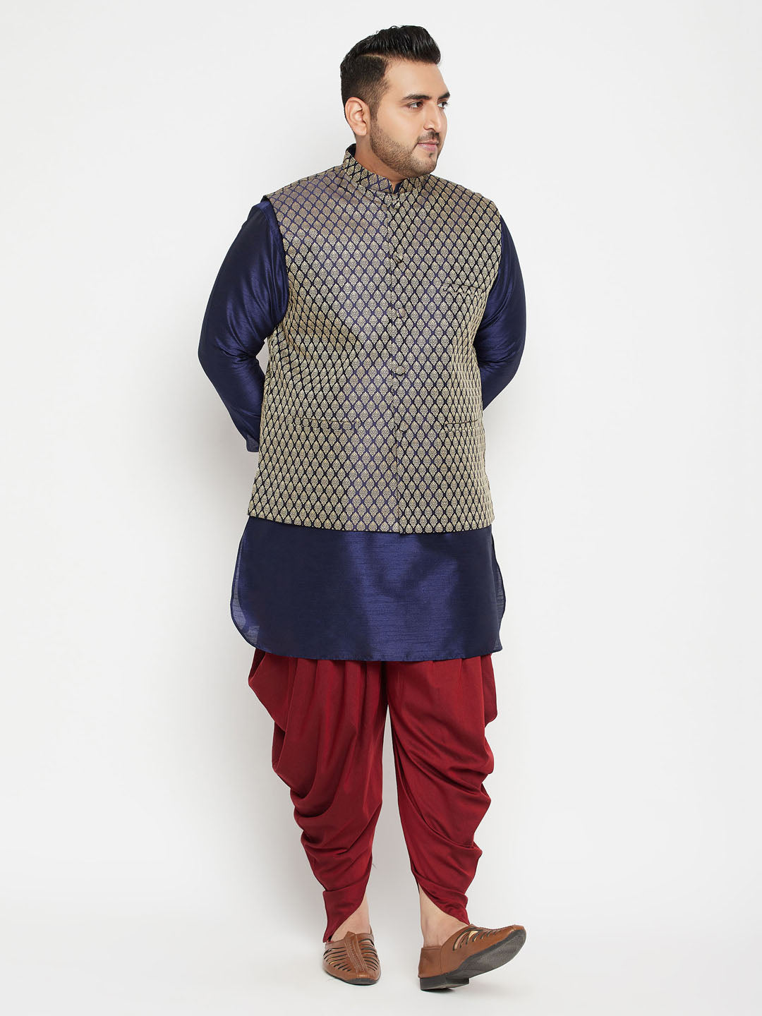 Men's Plus Size Navy Blue And Maroon Silk Blend Jacket Kurta Dhoti Pant Set