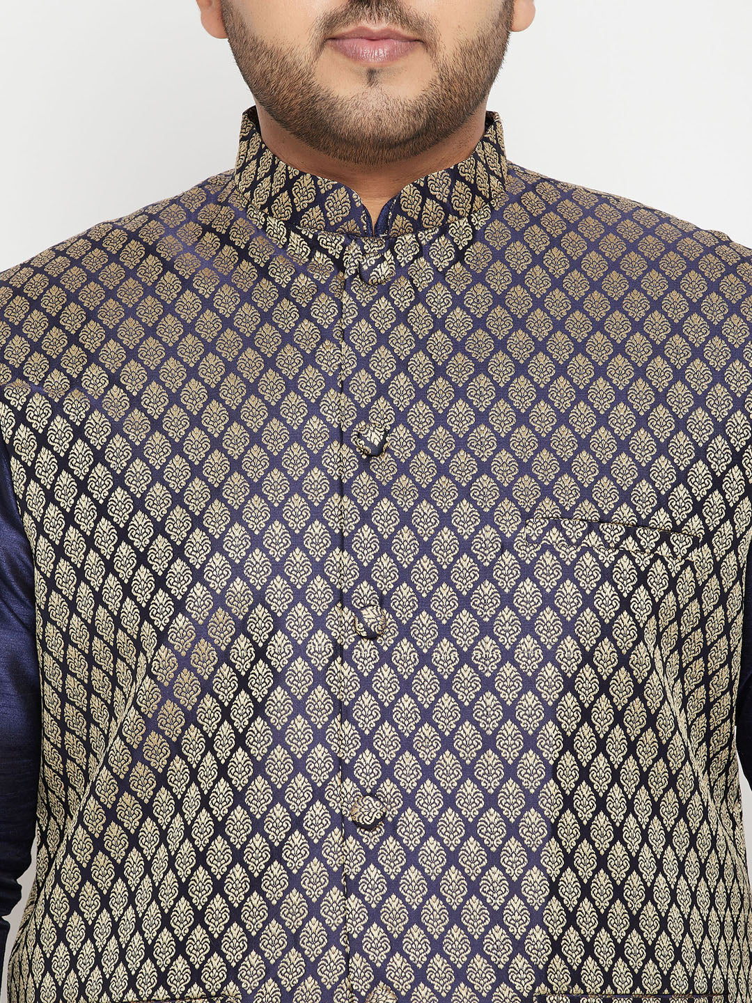 Men's Plus Size Navy Blue And Maroon Silk Blend Jacket Kurta Dhoti Pant Set