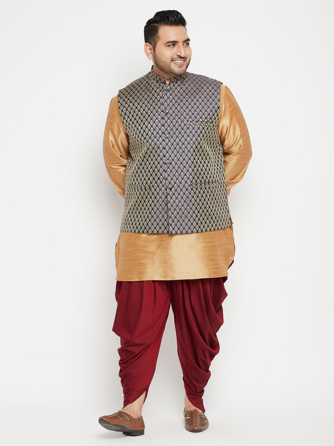 Men's Plus Size Rose Gold, Navy Blue And Maroon Silk Blend Jacket Kurta Dhoti Pant Set