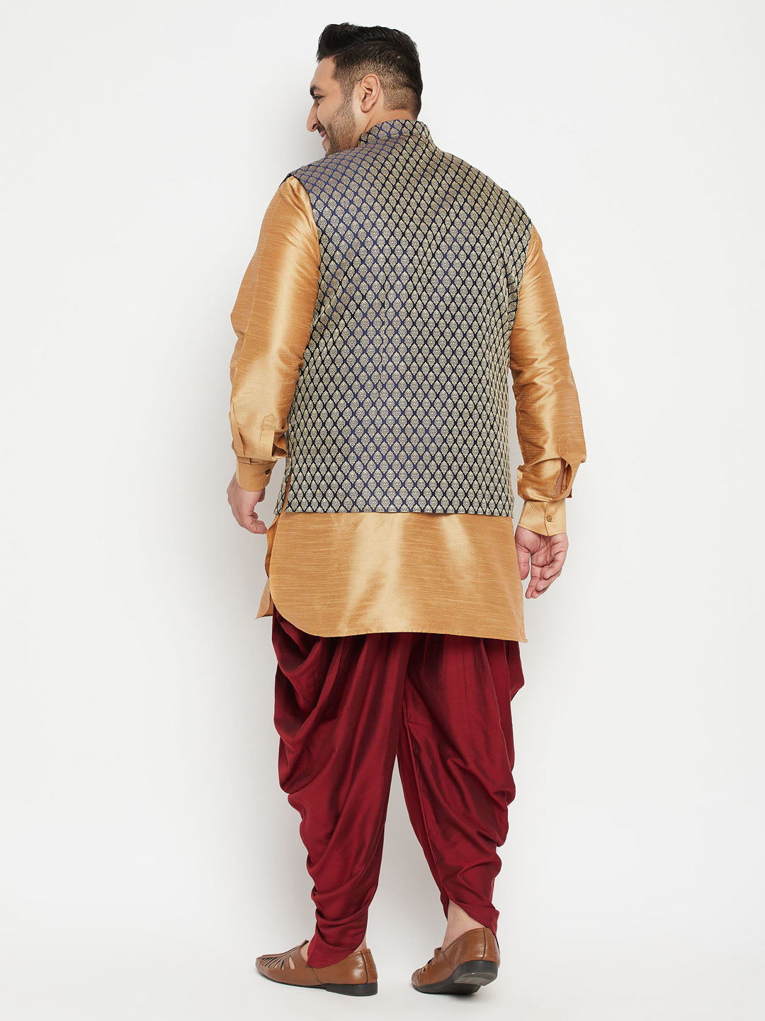 Men's Plus Size Rose Gold, Navy Blue And Maroon Silk Blend Jacket Kurta Dhoti Pant Set