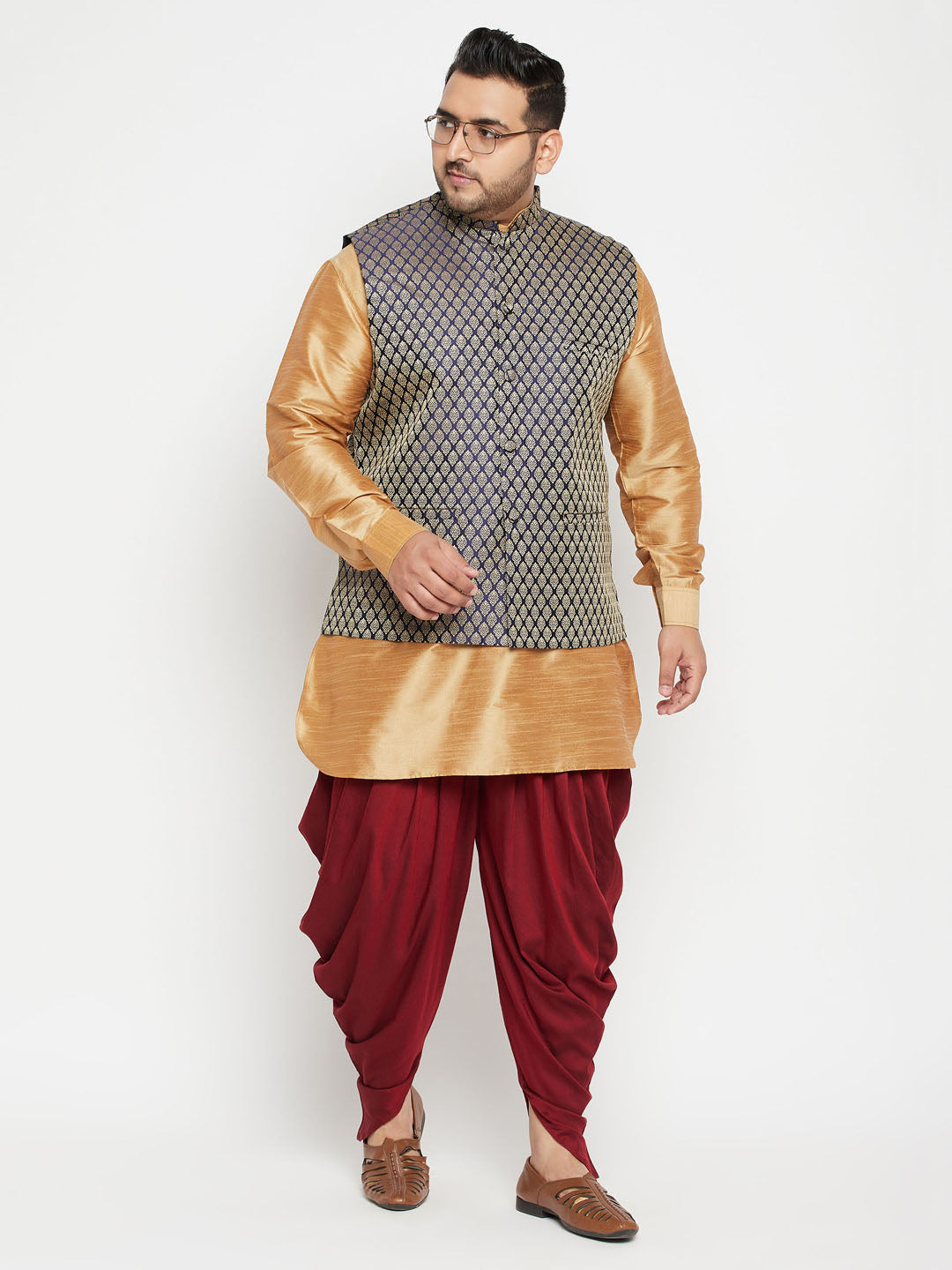 Men's Plus Size Rose Gold, Navy Blue And Maroon Silk Blend Jacket Kurta Dhoti Pant Set