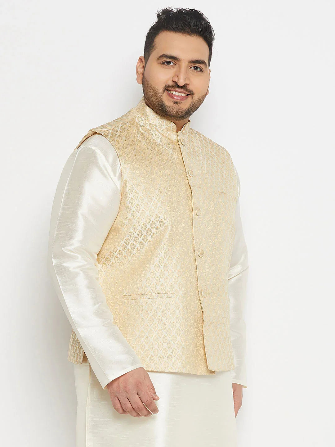 Men's Plus Size Cream And Gold Jacquard Nehru Jacket