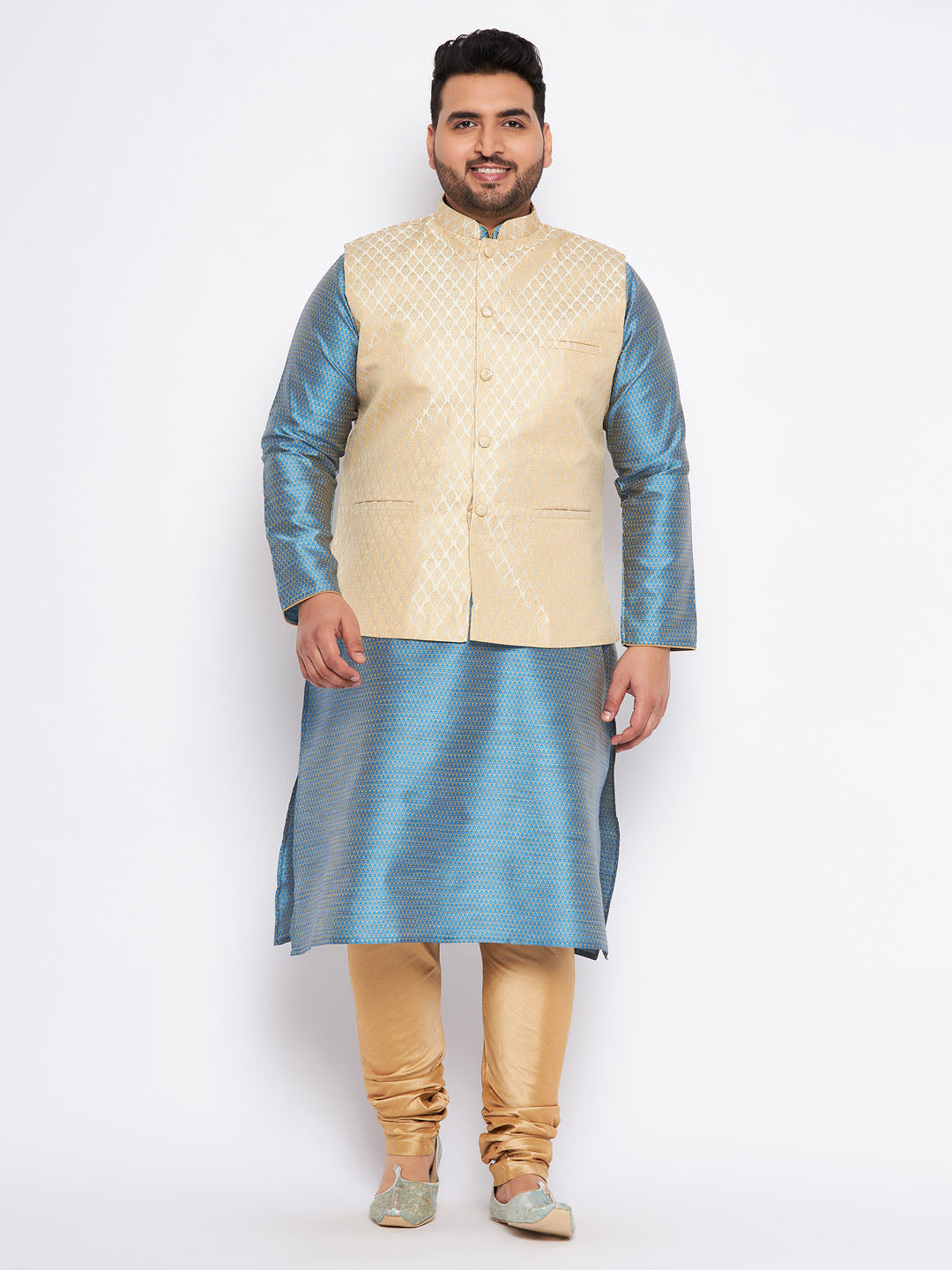 Men's Plus Size Cream Ethnic Cream Jacket With Aqua Silk Blend Kurta And Golden Pyjama Set