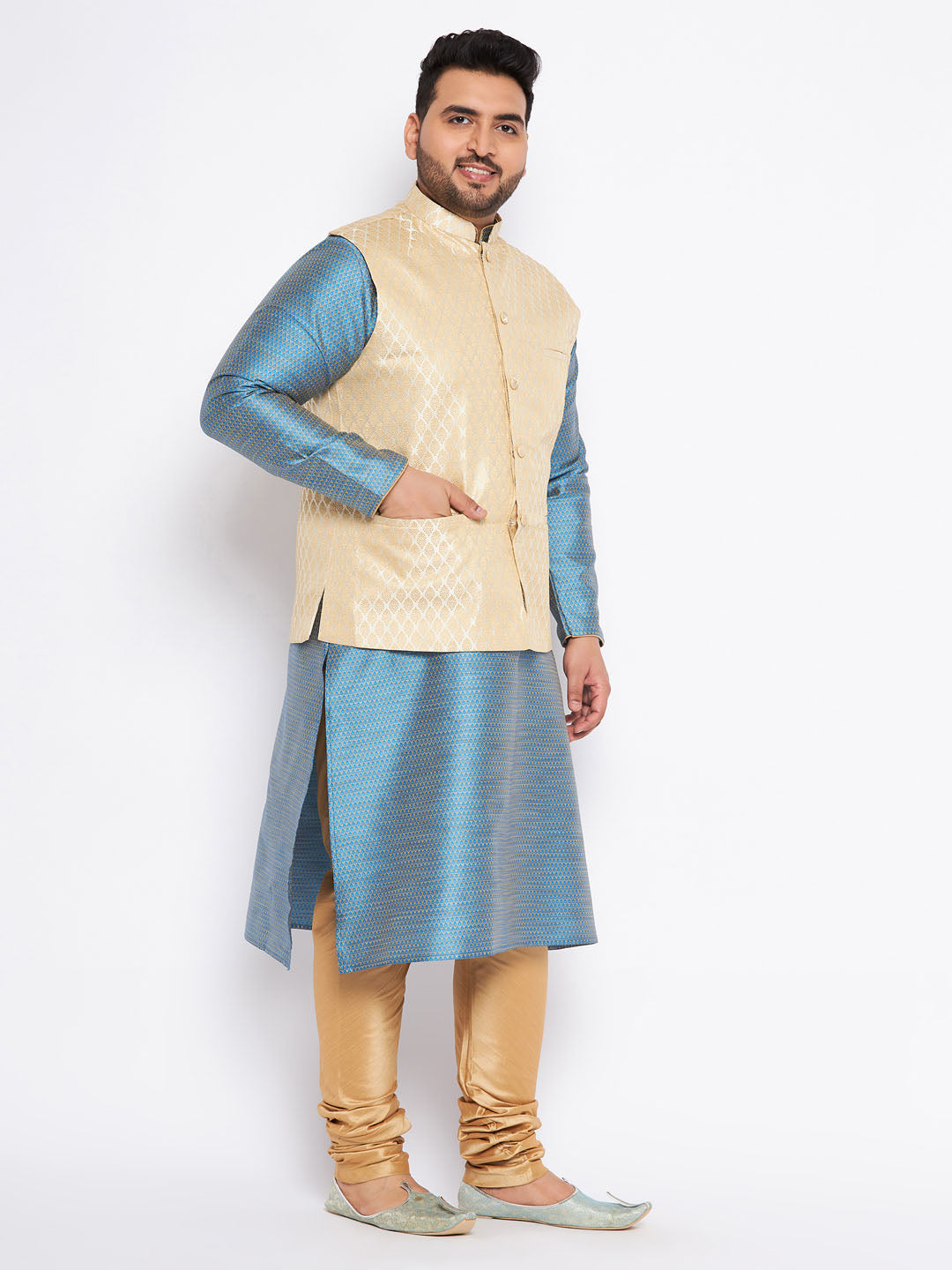 Men's Plus Size Cream Ethnic Cream Jacket With Aqua Silk Blend Kurta And Golden Pyjama Set