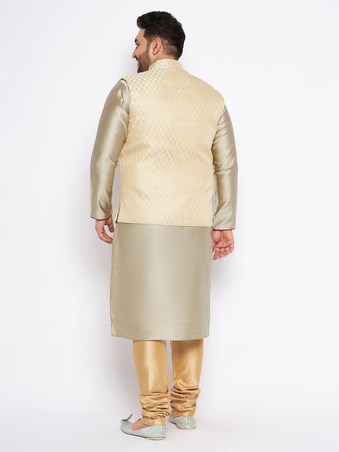 Men's Plus Size Cream Ethnic Cream Jacket With Beige Silk Blend Kurta And Golden Pyjama Set