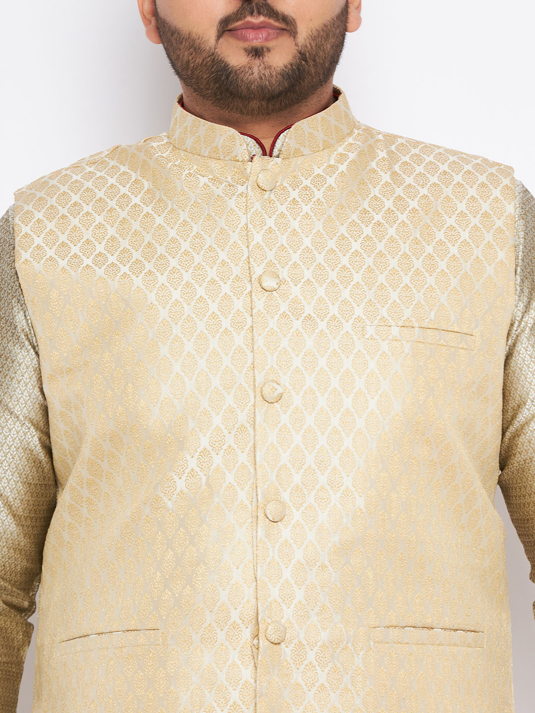 Men's Plus Size Cream Ethnic Cream Jacket With Beige Silk Blend Kurta And Golden Pyjama Set
