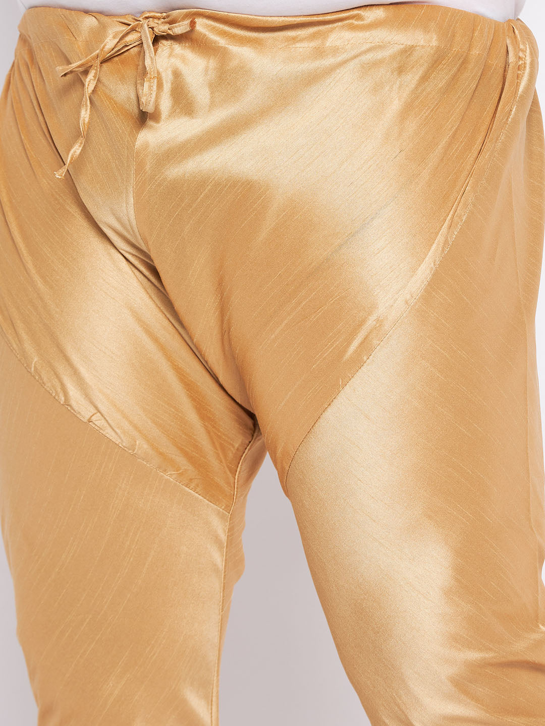 Men's Plus Size Cream Ethnic Cream Jacket With Beige Silk Blend Kurta And Golden Pyjama Set