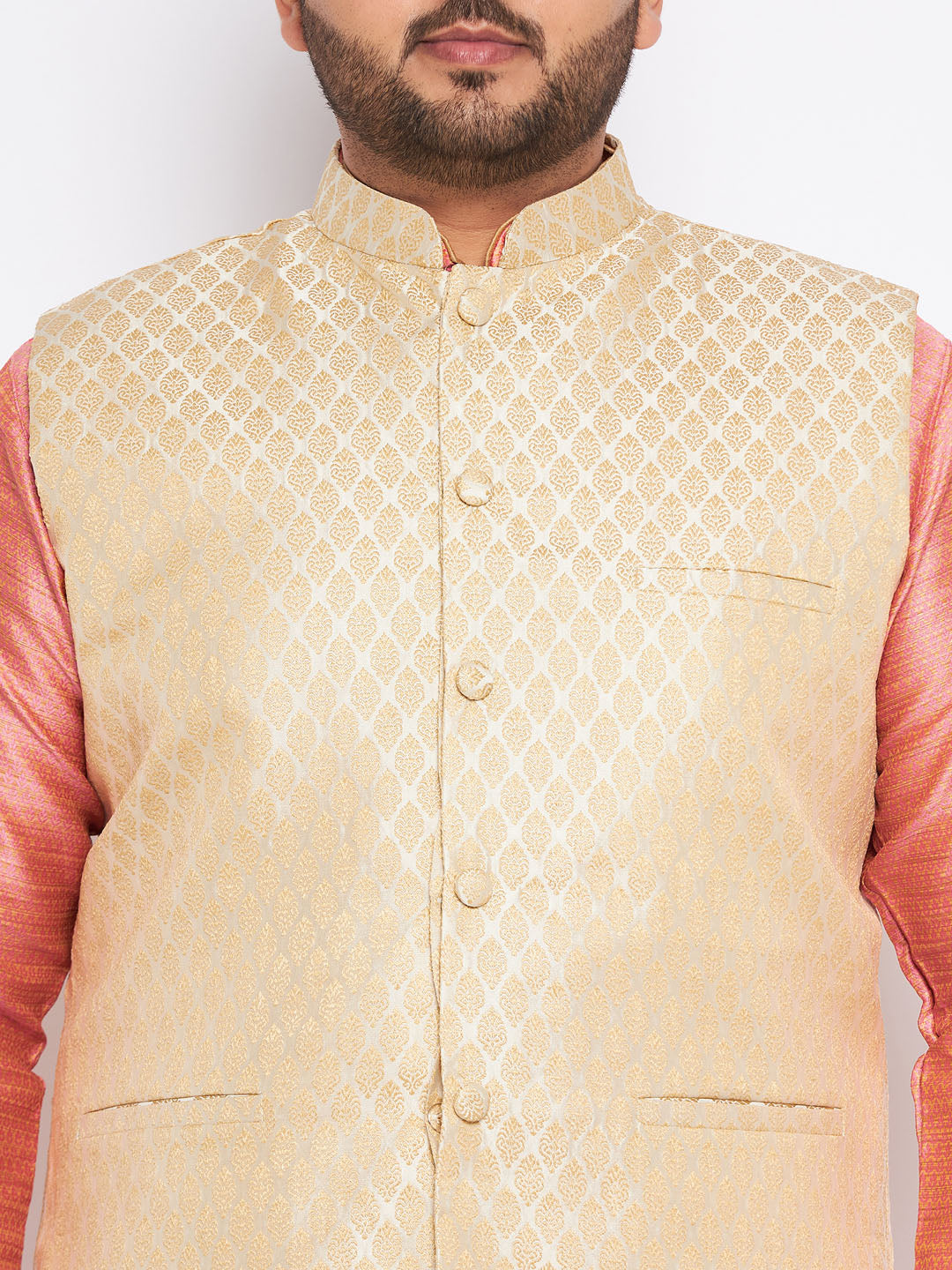 Men's Plus Size Cream Ethnic Cream Jacket With Pink Silk Blend Kurta And Golden Pyjama Set