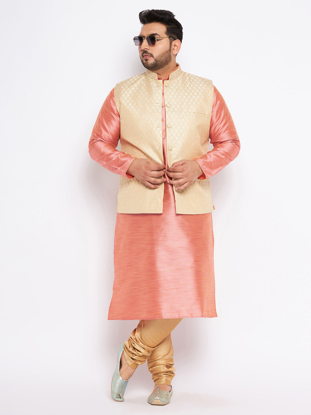 Men's Plus Size Cream Ethnic Cream Jacket With Pink Silk Blend Kurta And Golden Pyjama Set