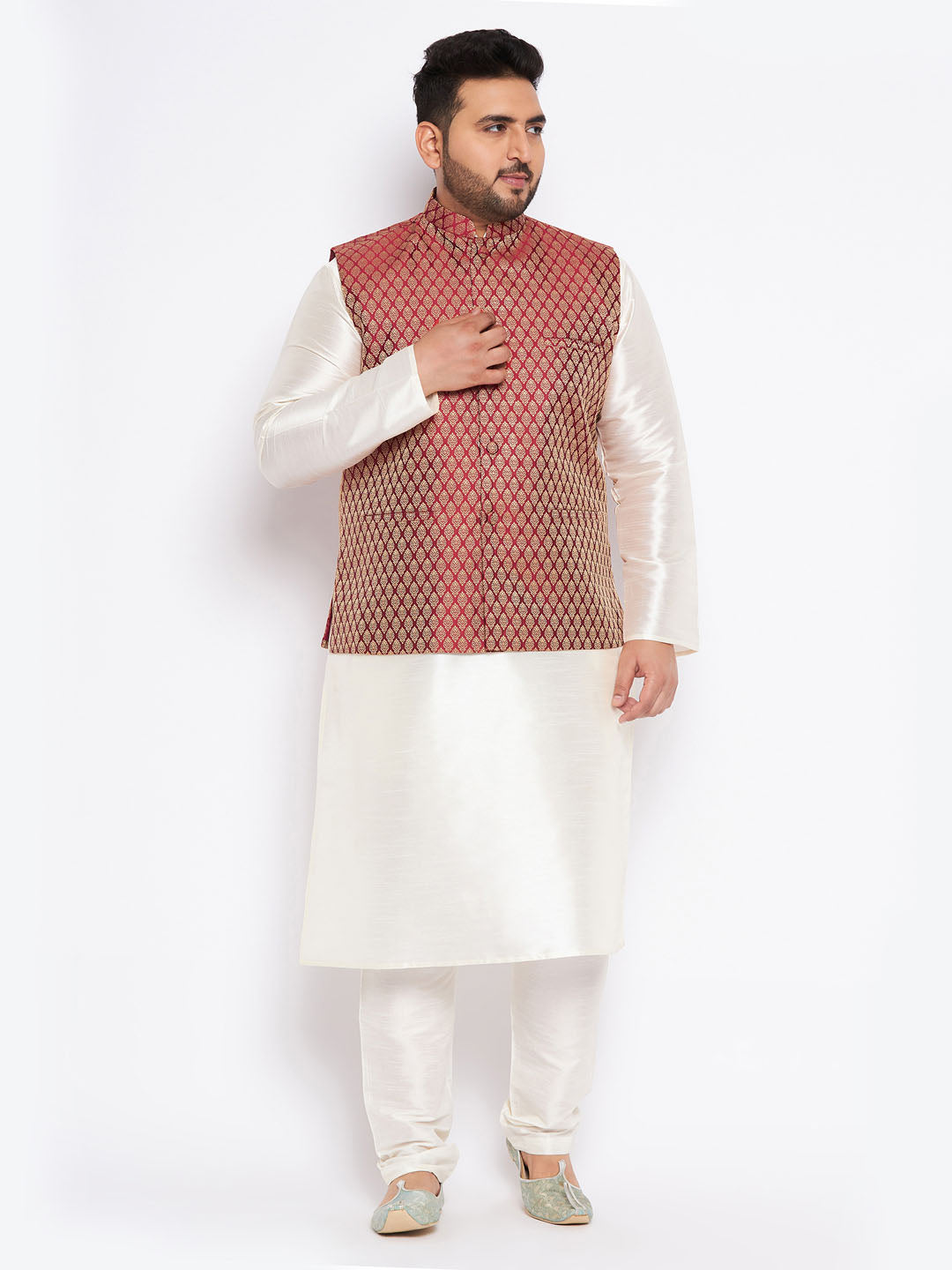 Men's Plus Size Maroon Silk Blend Jacket And Cream Kurta Pant Set