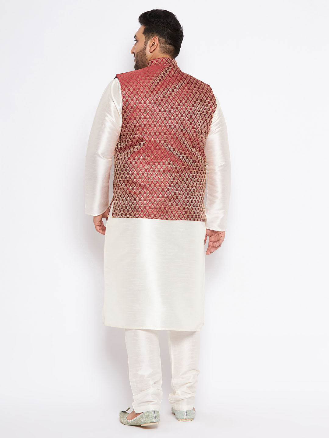 Men's Plus Size Maroon Silk Blend Jacket And Cream Kurta Pant Set
