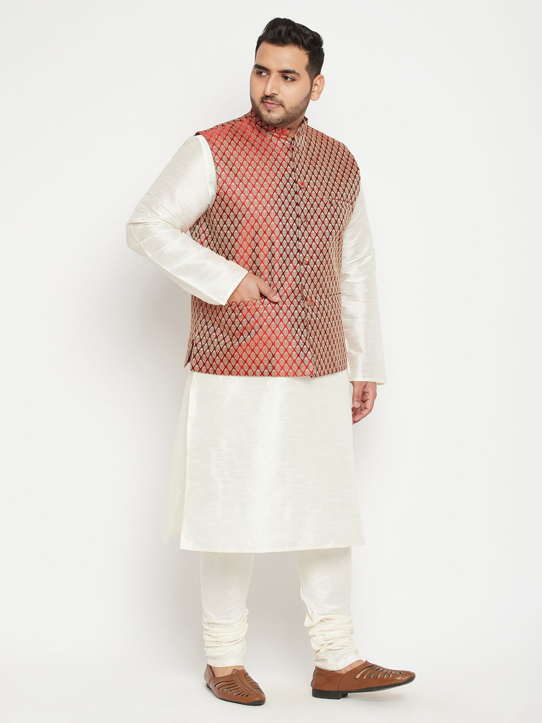 Men's Plus Size Cream And Maroon Silk Blend Jacket Kurta Pyjama Set