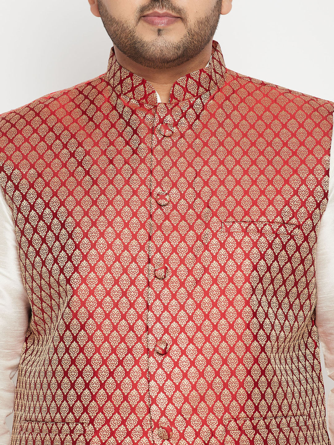 Men's Plus Size Cream And Maroon Silk Blend Jacket Kurta Pyjama Set