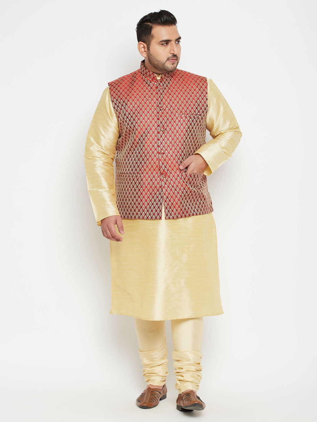 Men's Plus Size Gold And Maroon Brocade Silk Blend Jacket Kurta Pyjama Set