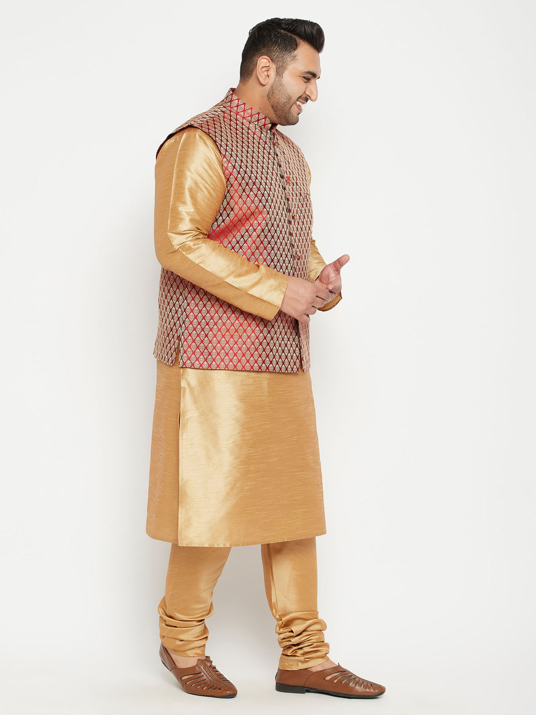 Men's Plus Size Rose Gold And Maroon Woven Silk Blend Jacket Kurta Pyjama Set