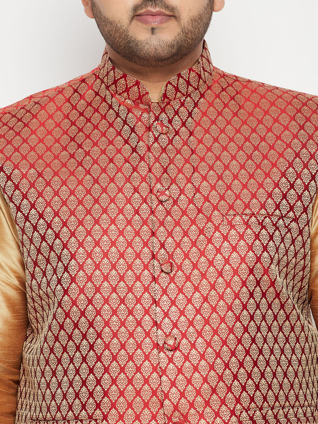 Men's Plus Size Rose Gold And Maroon Woven Silk Blend Jacket Kurta Pyjama Set