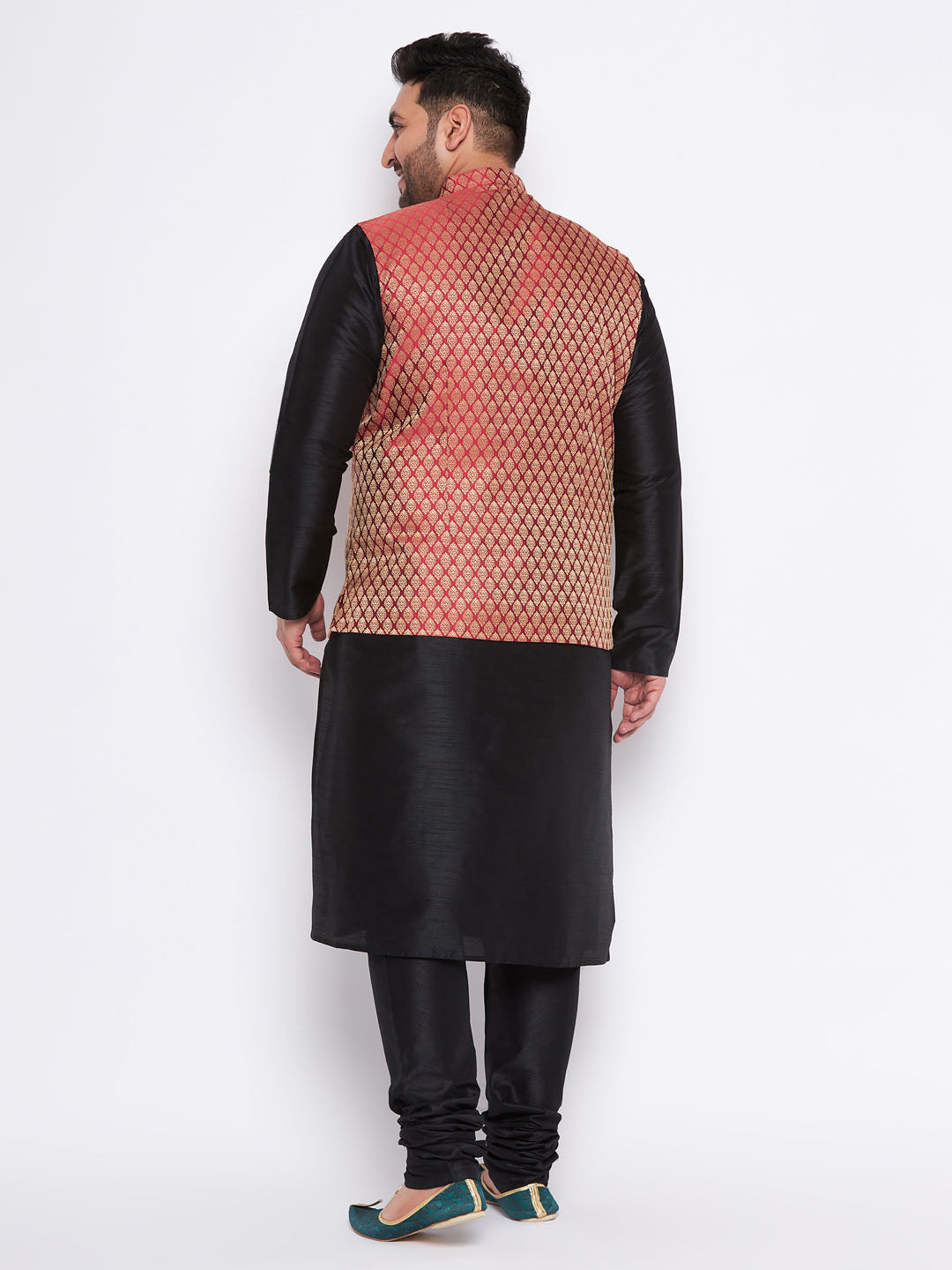 Men's Plus Size Maroon Woven Nehru Jacket With Black Kurta And Pyjama Set