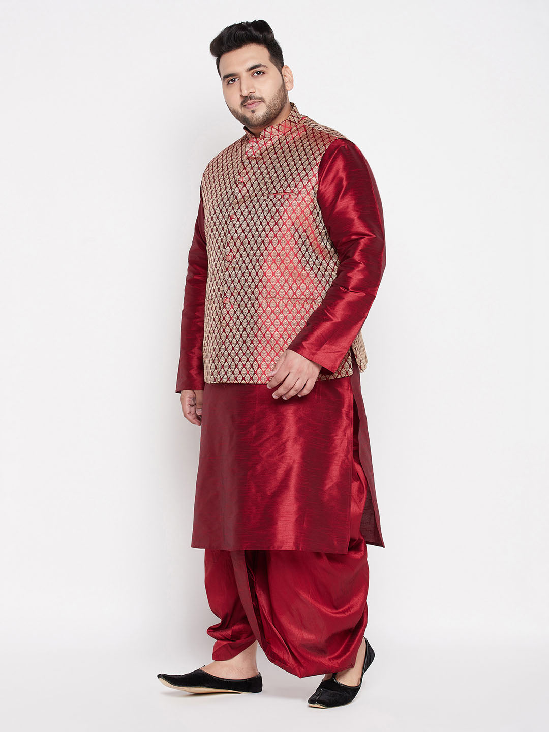 Men's Plus Size Maroon Woven Silk Blend Jacket And Maroon Silk Blend Kurta Dhoti Set