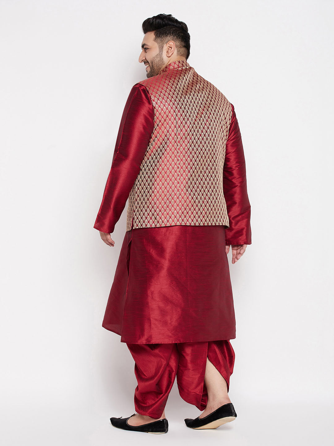 Men's Plus Size Maroon Woven Silk Blend Jacket And Maroon Silk Blend Kurta Dhoti Set