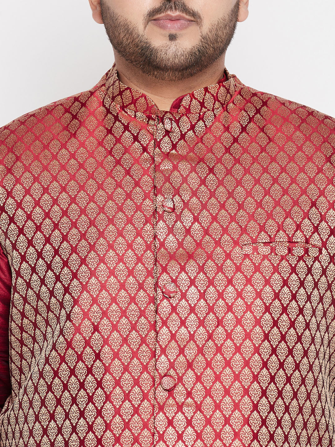 Men's Plus Size Maroon Woven Silk Blend Jacket And Maroon Silk Blend Kurta Dhoti Set