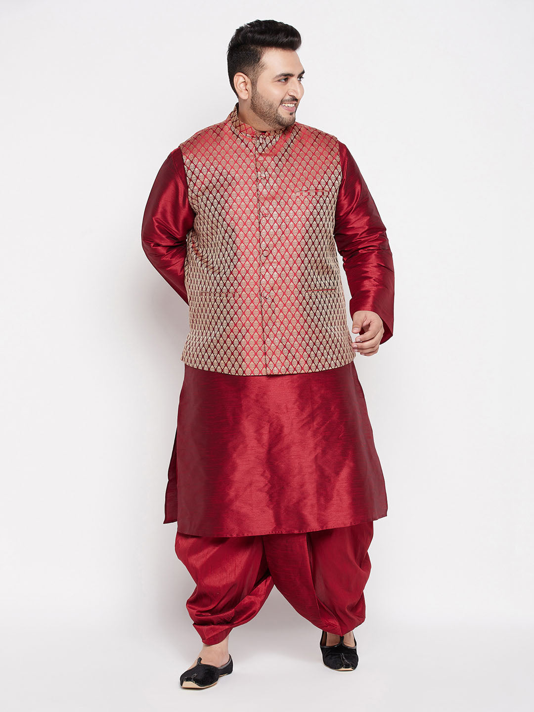 Men's Plus Size Maroon Woven Silk Blend Jacket And Maroon Silk Blend Kurta Dhoti Set