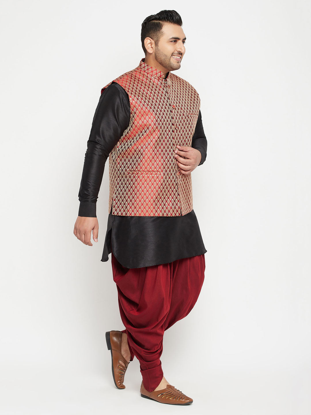 Men's Plus Size Black And Maroon Silk Blend Jacket With Kurta Dhoti Pant Set