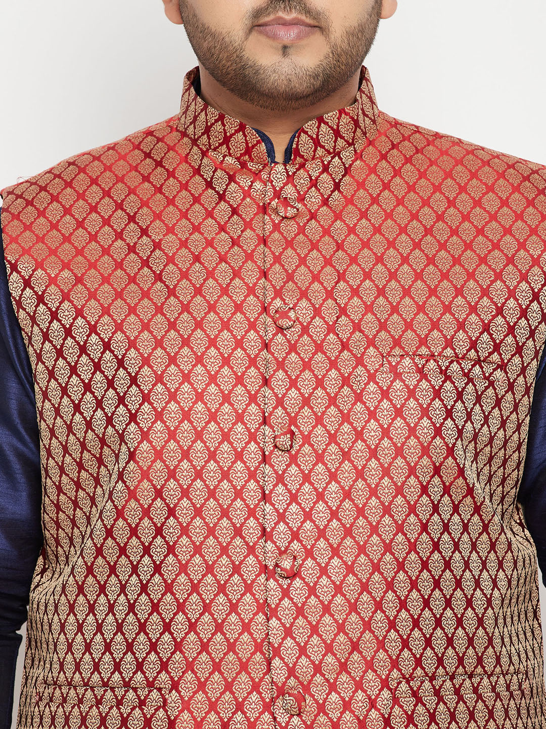 Men's Plus Size Navy Blue And Maroon Silk Blend Jacket Kurta Dhoti Pant Set