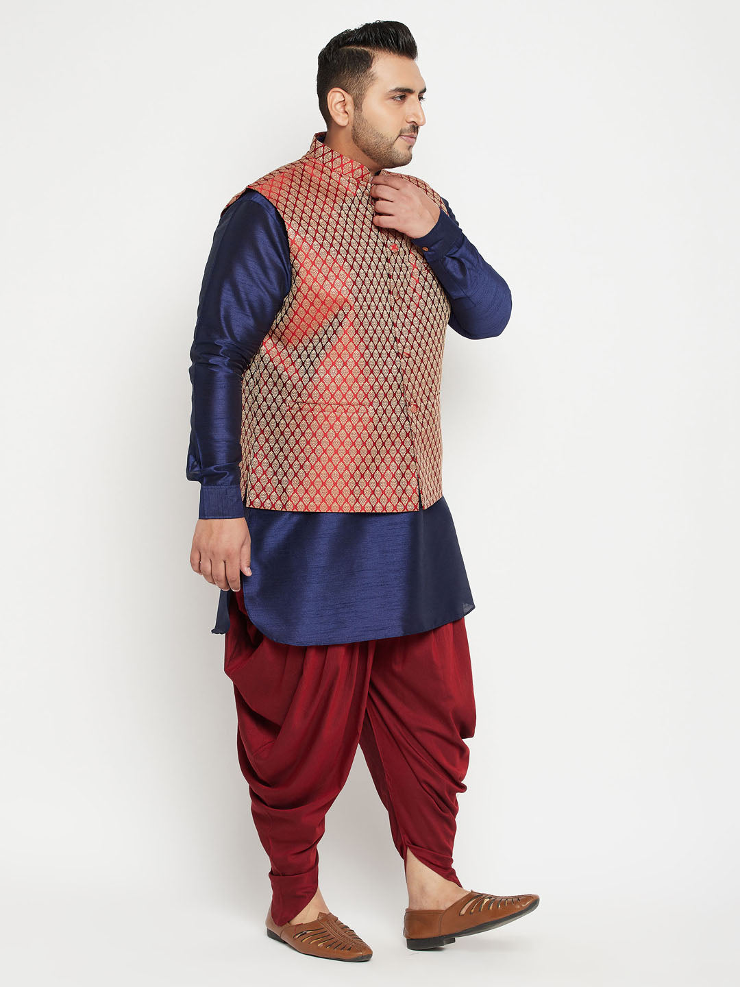 Men's Plus Size Navy Blue And Maroon Silk Blend Jacket Kurta Dhoti Pant Set