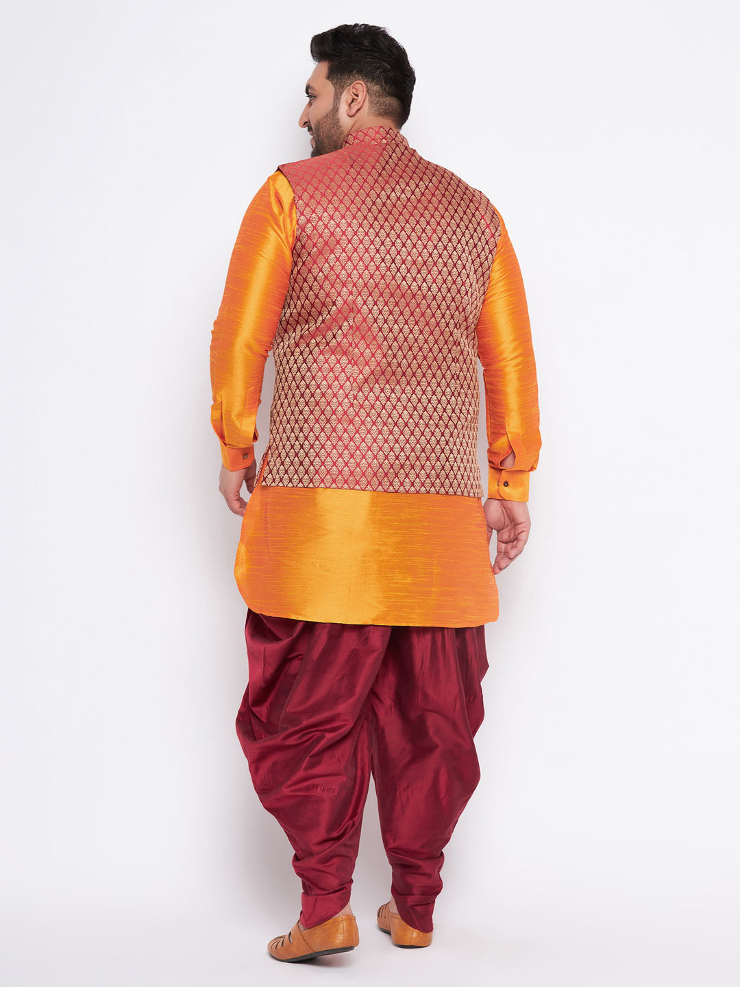 Men's Plus Size Maroon Woven Jacket And Orange Kurta And Dhoti Set