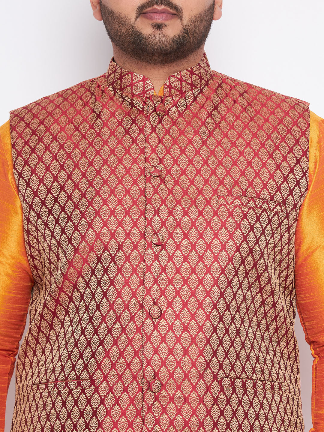 Men's Plus Size Maroon Woven Jacket And Orange Kurta And Dhoti Set