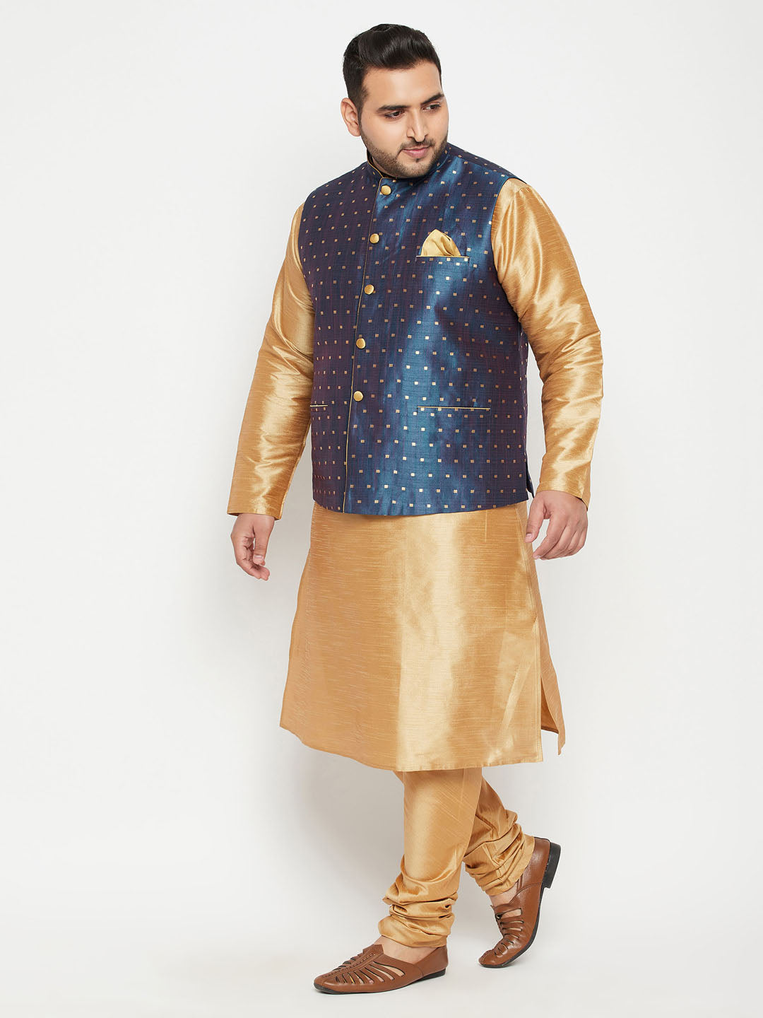 Men's Plus Size Blue Zari Weaved Nehru Jacket With Kurta Pyjama Set