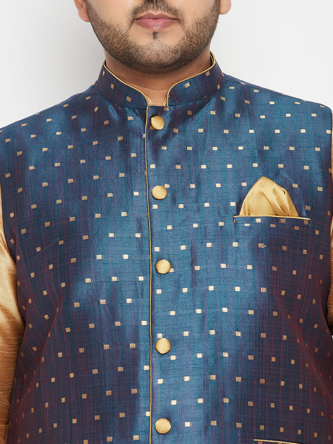 Men's Plus Size Blue Zari Weaved Nehru Jacket With Kurta Pyjama Set